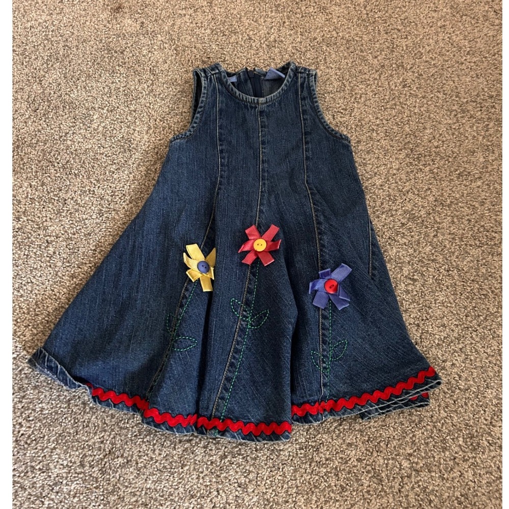 Baby Crew Girls 12M Blue Denim Floral Applique Ric-Rac Trim Jumper Dress